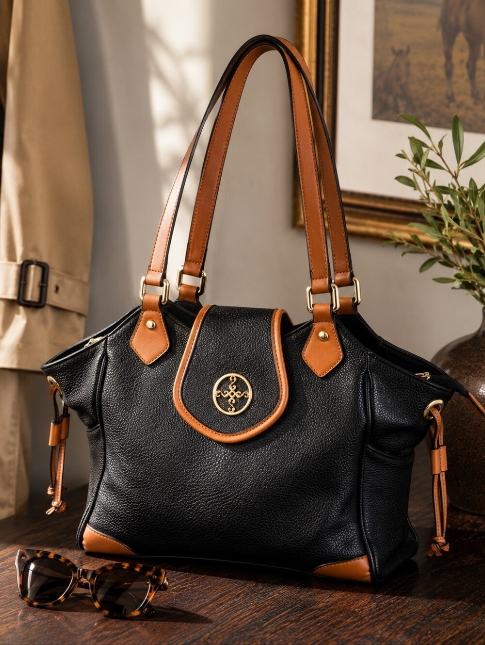 Stauer Black & Tan Shoulder Bag Gold Logo Large Satchel Tote